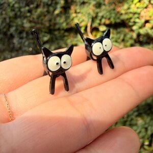 Cute Black Cat Stud Earrings with White Eyes